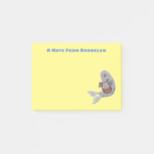 Happy cute harp seal cartoon illustration post-it notes