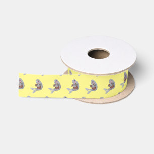 Happy cute harp seal cartoon illustration satin ribbon