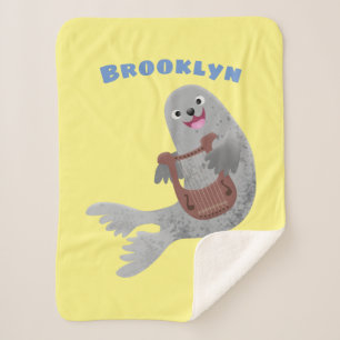 Happy cute harp seal cartoon illustration sherpa blanket