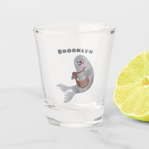 Happy cute harp seal cartoon illustration shot glass