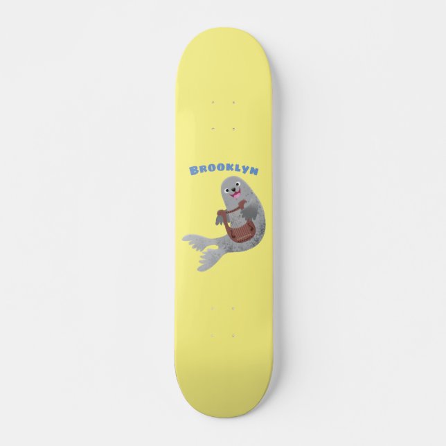 Happy cute harp seal cartoon illustration skateboard (Front)