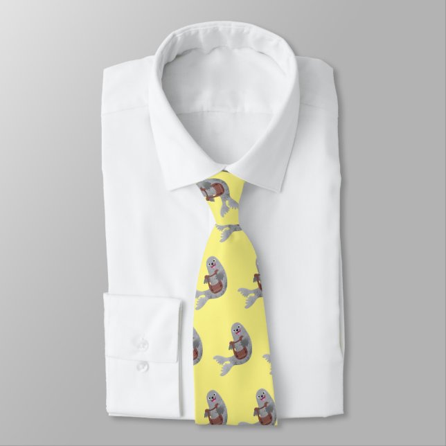 Happy cute harp seal cartoon illustration tie (Tied)