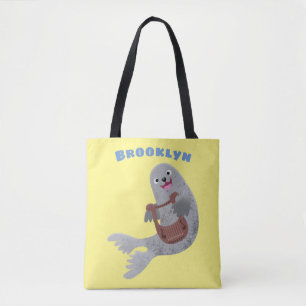 Happy cute harp seal cartoon illustration tote bag