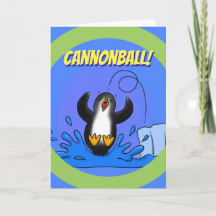 Happy cute jumping penguin cartoon birthday card