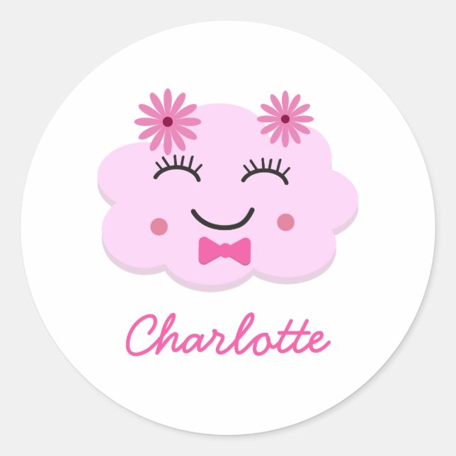 Happy cute pink kawaii cloud  custom name   classic round sticker (Front)