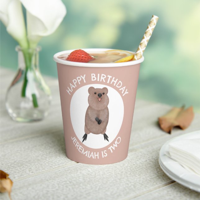 Happy cute quokka personalised cartoon birthday paper cups (Insitu)