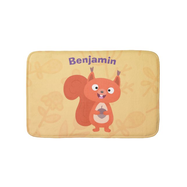 Happy cute red squirrel cartoon illustration bath mat (Front)
