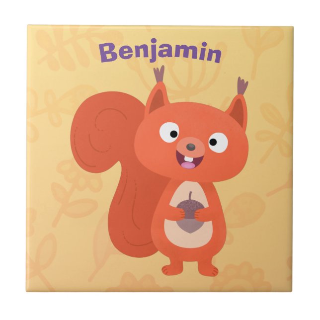 Happy cute red squirrel cartoon illustration ceramic tile (Front)