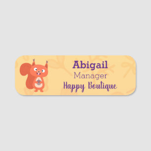 Happy cute red squirrel cartoon illustration name tag
