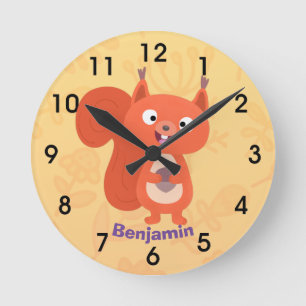 Happy cute red squirrel cartoon illustration round clock