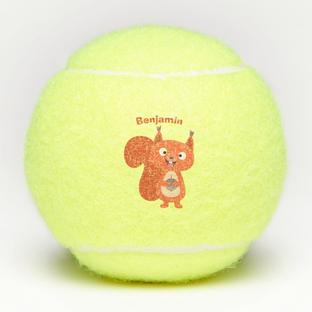 Happy cute red squirrel cartoon illustration tennis balls (Front)