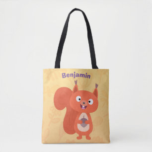 Happy cute red squirrel cartoon illustration tote bag