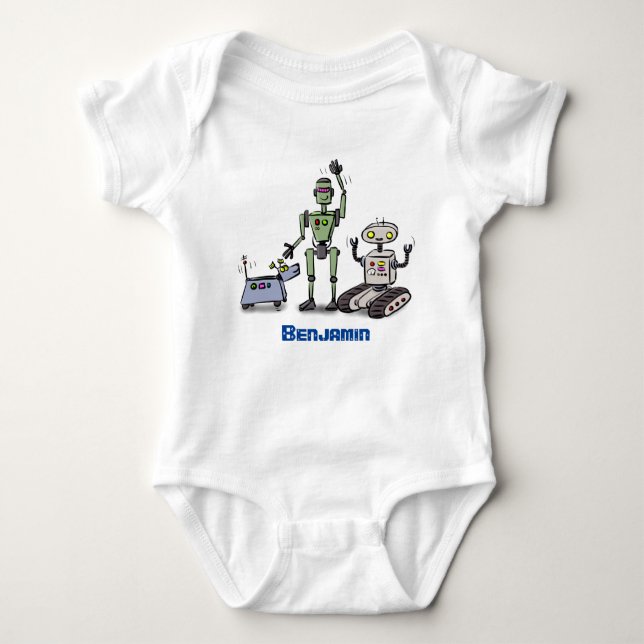 Happy cute robots trio cartoon baby bodysuit (Front)