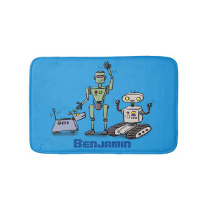 Happy cute robots trio cartoon bath mat