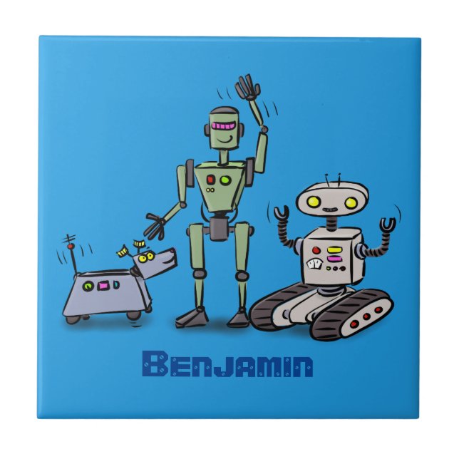 Happy cute robots trio cartoon ceramic tile (Front)