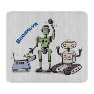 Happy cute robots trio cartoon cutting board