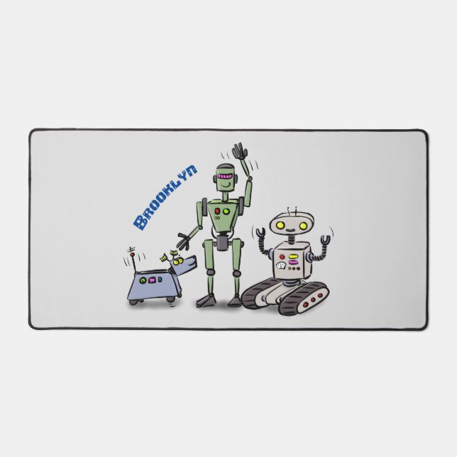 Happy cute robots trio cartoon desk mat (Front)