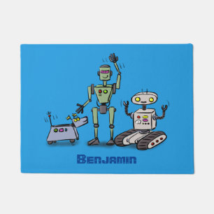 Happy cute robots trio cartoon doormat