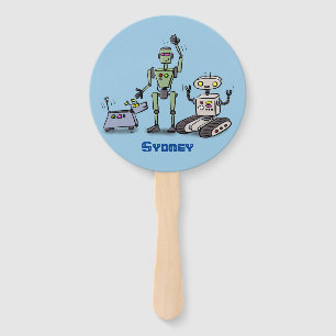 Happy cute robots trio cartoon hand fan