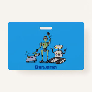 Happy cute robots trio cartoon ID badge