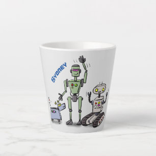 Happy cute robots trio cartoon latte mug