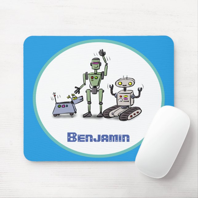 Happy cute robots trio cartoon on blue background mouse pad (With Mouse)