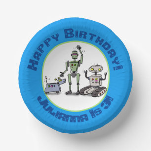 Happy cute robots trio cartoon paper plate