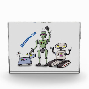 Happy cute robots trio cartoon photo block