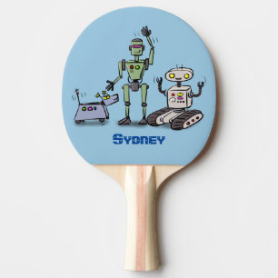 Happy cute robots trio cartoon ping pong paddle