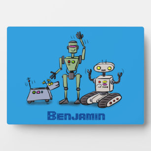 Happy cute robots trio cartoon plaque