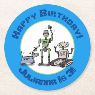 Happy cute robots trio cartoon round paper coaster