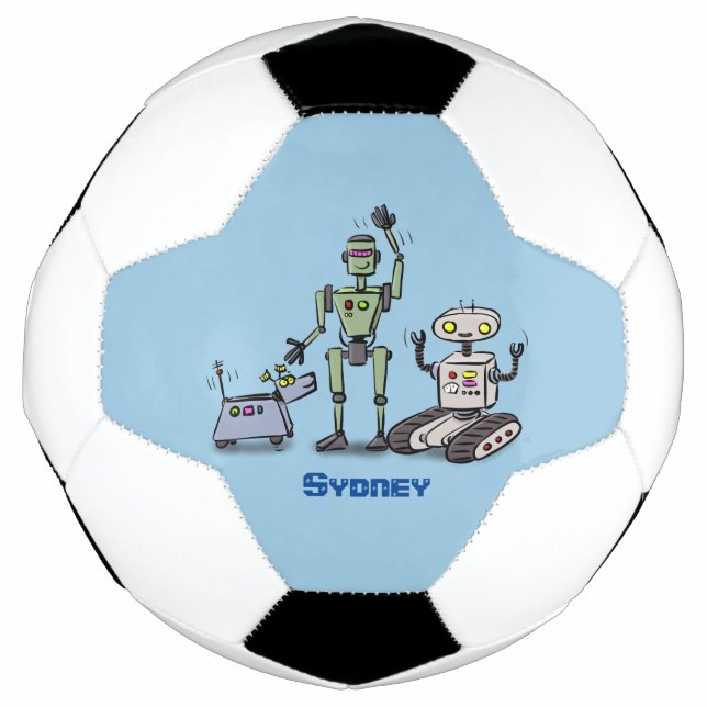 Happy cute robots trio cartoon soccer ball (Front)