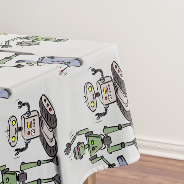 Happy cute robots trio cartoon tablecloth (In Situ)