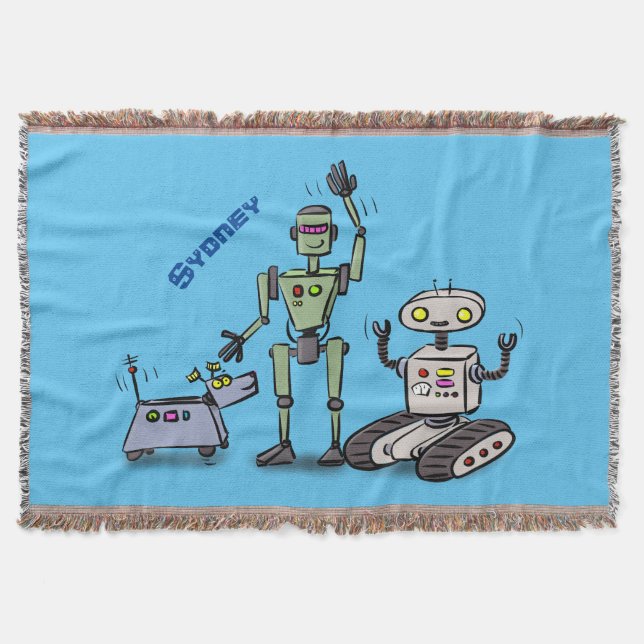 Happy cute robots trio cartoon throw blanket (Front)