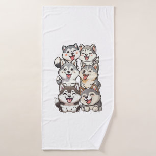 Happy cute Siberian huskies Bath Towel