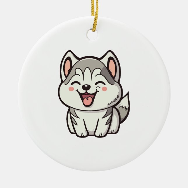 Happy cute Siberian husky dog Ceramic Ornament (Front)