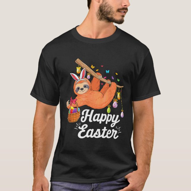 Happy Cute Sloth With Bunny Ears   Egg Hunting Eas T-Shirt (Front)