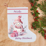 Happy Cute Snowman with Present Bleu Background Small Christmas Stocking<br><div class="desc">Spread Holiday Cheer with a Personalised Snowman Stocking! Brighten your Christmas decor with this adorable stocking featuring a cheerful snowman dressed in a cosy pink hat and scarf against a snowy light blue background. With the name of your loved one on top and “Merry Christmas” below, it’s the perfect festive...</div>