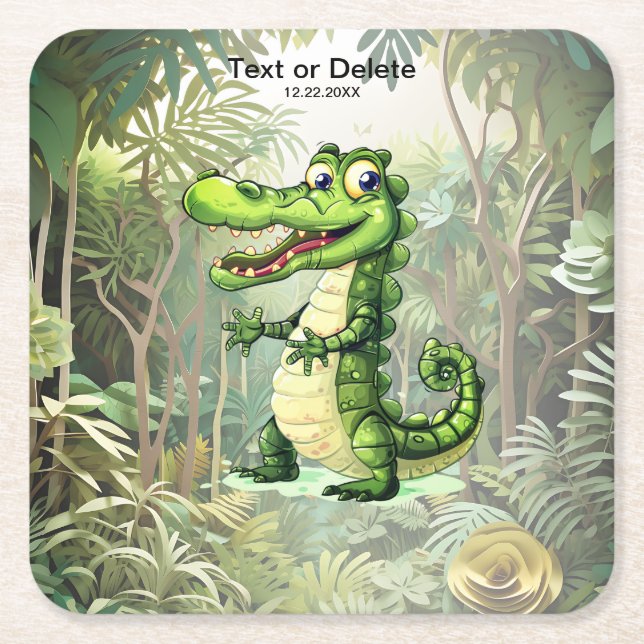 Happy Cute Wild Crocodile Jungle Trees Beautiful Square Paper Coaster (Front)