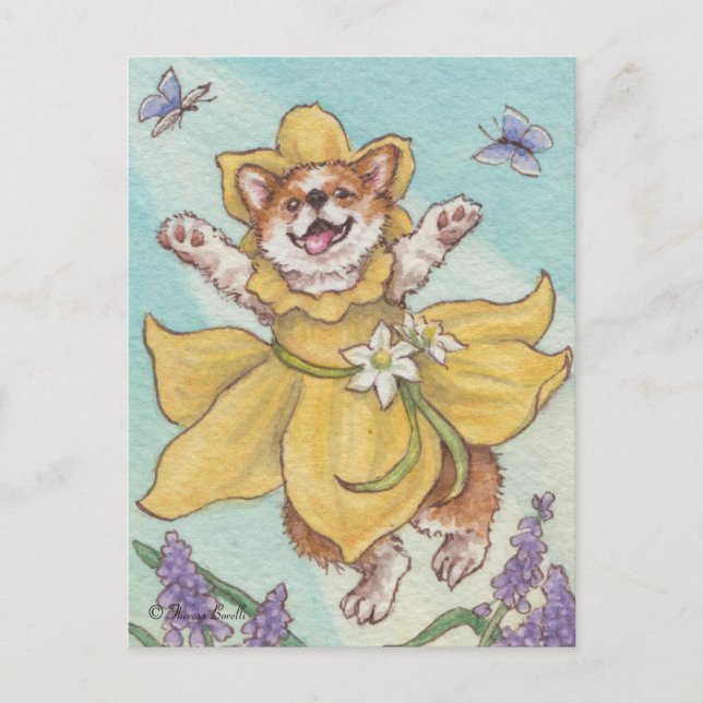 Happy Daffy Dilly Spring Corgi Dog Postcard (Front)