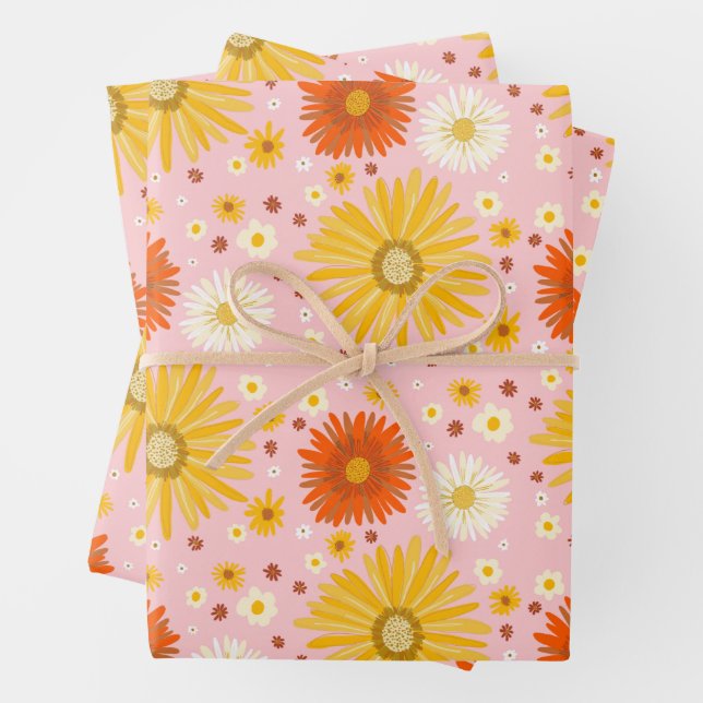 Happy Daisies Colourful 1970s Retro Pattern Wrapping Paper Sheet (In situ)
