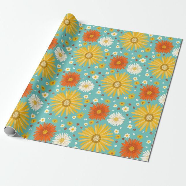 Happy Daisies Colourful Pattern Wrapping Paper (Unrolled)