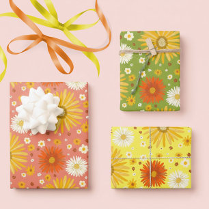 Happy Daisies Retro 70s Colourful Pattern Wrapping Paper Sheet