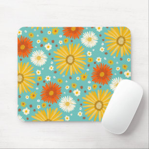 happy Daisy Flower Pattern Blue Mouse Pad