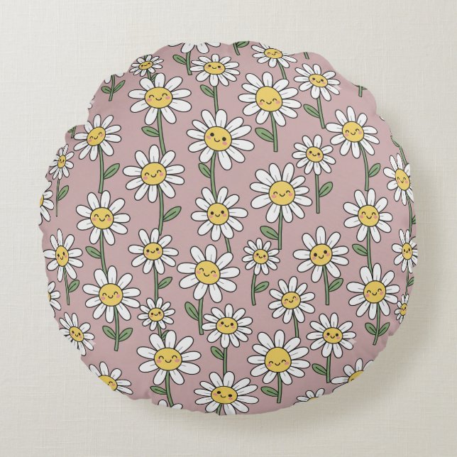 Happy Daisy Smiles Pink Floral Pattern Round Cushion (Front)