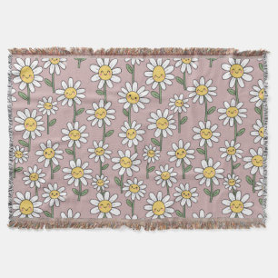 Happy Daisy Smiles Pink Floral Pattern Throw Blanket