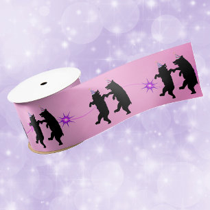 Happy Dancing Black Bears in Party Hats Stars Pink Satin Ribbon