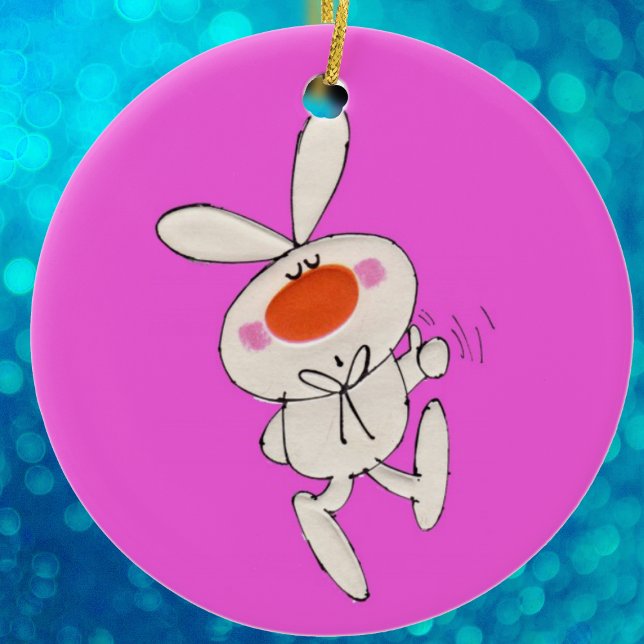 Happy Dancing Cute White Rabbit Ceramic Ornament (Cute white bunny big orange nose bow tie on bright pink hanging Easter ornament.)