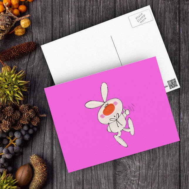 Happy Dancing Cute White Rabbit Postcard (Cute white bunny orange nose thumbs up sign on vibrant pink postcard.)