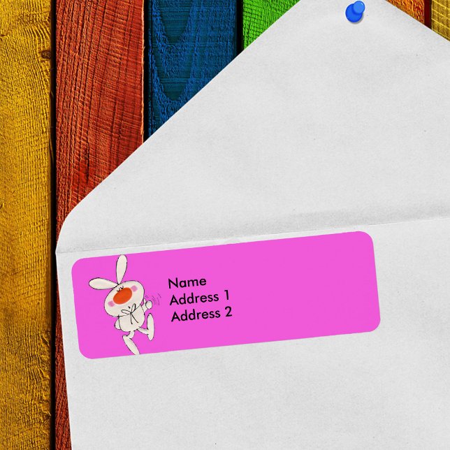 Happy Dancing Cute White Rabbit Return Address Label (Cartoon white bunny thumbs up sign bow tie on bright pink return address labels.)
